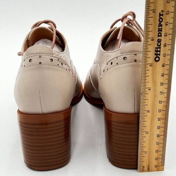 FOWT Women's Perforated Lace-Up Oxfords Almond Toe Mid Chunky Heel Business - Picture 4 of 5